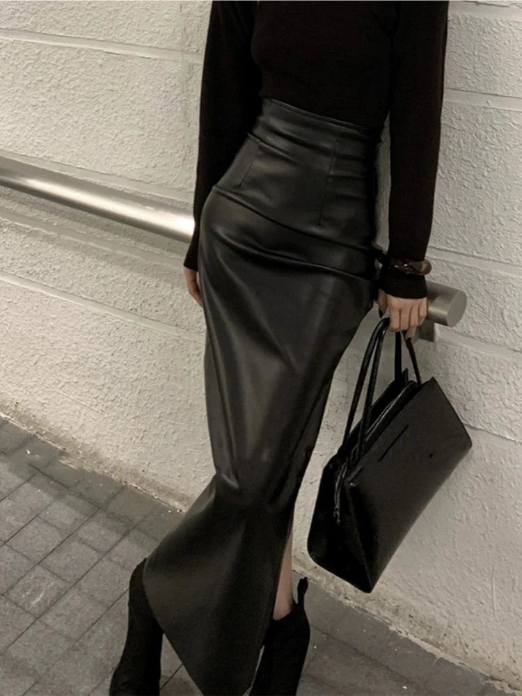 Vintage Pu Leather Slit Skirts Women High Waist Streetwear Slim Midi Skirts Y2K Korean Elegance Party Night Ladies Black Skirts