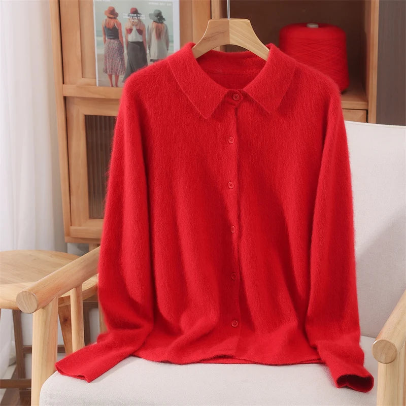 Chic Female Grace Soft Knitwear Women's Polo Collar Button Cardigan 100% Mink Cashmere Sweater Autumn Winter Soft Casual Tops