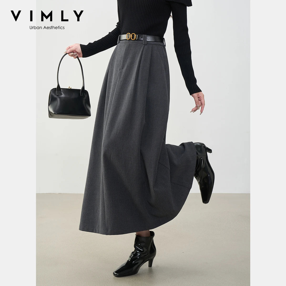 VIMLY Midi Women Skirt 2025 Autumn Office Lady Gray A-line Bud Elegant Ladies Skirt Zipper Loose Pockets Female Skirts A2202