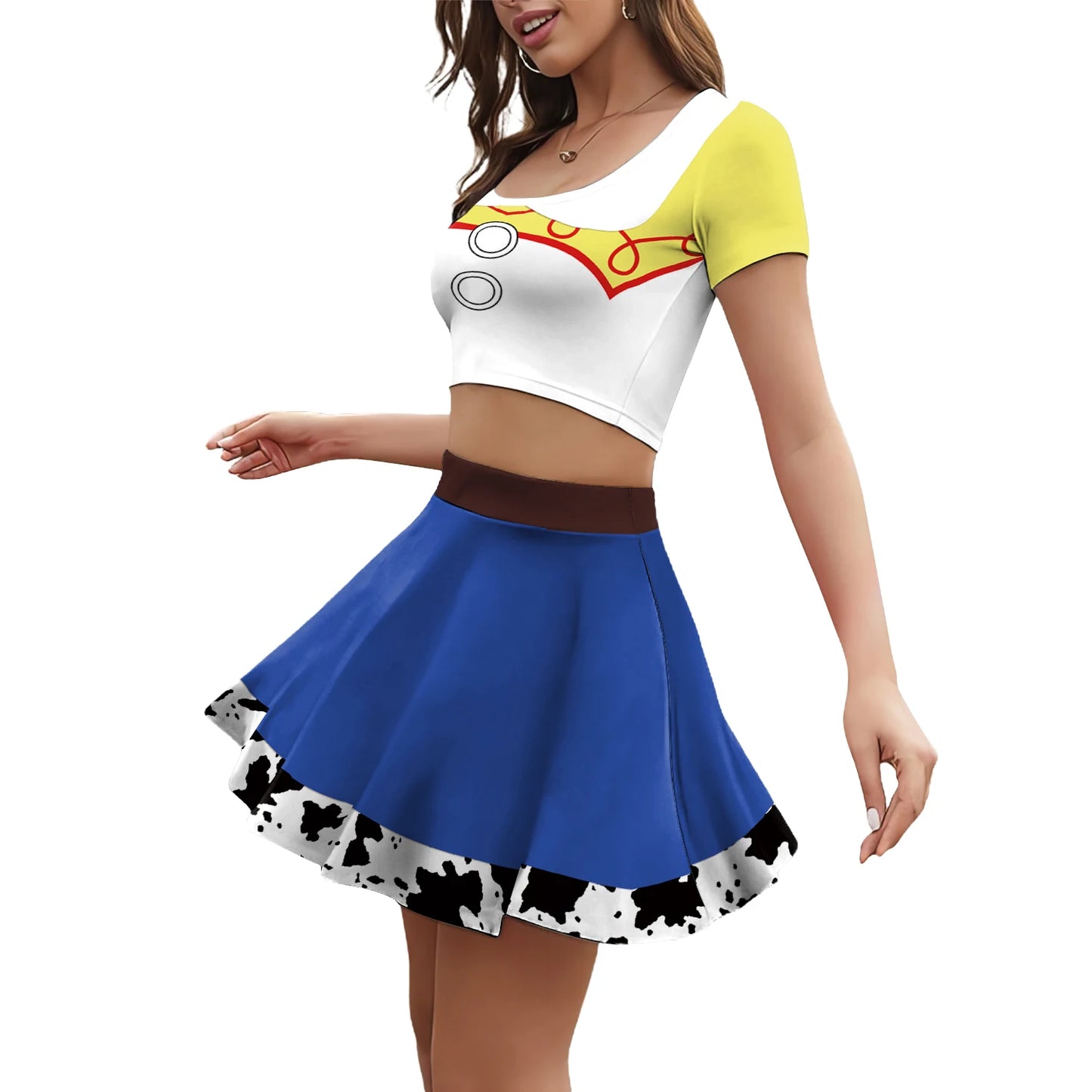 Nadanbao Jessie Halloween Cosplay Skirt for Women 3D Patchwork Printing Crop Top Blue Short Skirt Fashion Cheerleaders Clothing