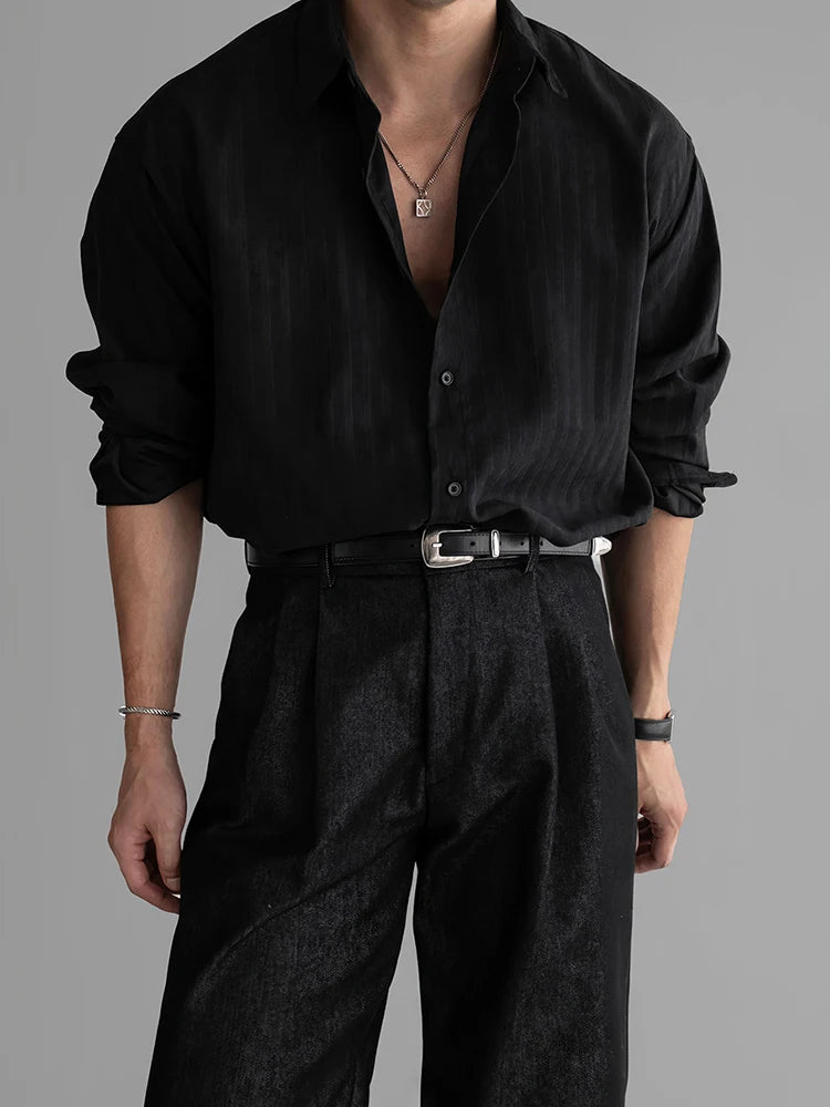 Vintage Striped Textured Shirts Men's Spring Autumn Outdoor Casual Button-up Shirt Long Sleeve Mens Fashionable Lapel Cardigans