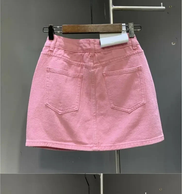 Heavy Industry Hot Drilling High-End Denim Skirt 2024 Spring And Summer New High Waist Pink Sexy