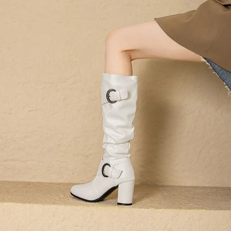 REAVE CAT Classic Women Knee High Boots Round Toe Block Heels 7.5cm 51 52 Pleated Fashion Booties