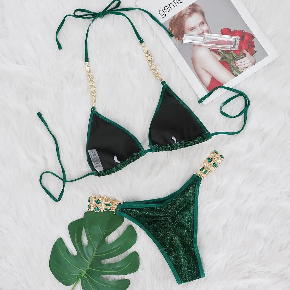 Sexy Bikinis Swimsuits Woman 2025 Luxury Rhinestones Push Up Diamond Thong Swimwear Shiny Gold Beach Bathing Suit Bikini Set