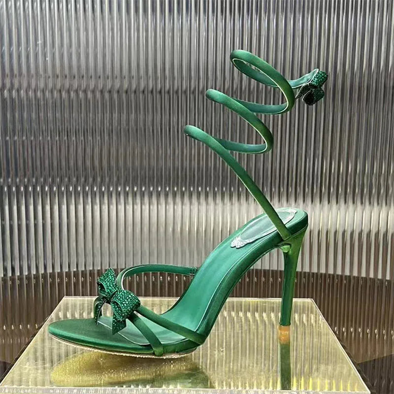 Summer High Heels Sandals Woman Butterfly-knot Rhinestone Snake Twine Around Ankle Strap Wedding Shoes Thin Heels Sandals Women