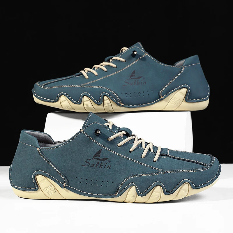 New 2025 Fashion Handmade Leather Casual Men Shoes Design Sneakers Slip On Loafers Breathable Low Top Flats Driving Plus Size