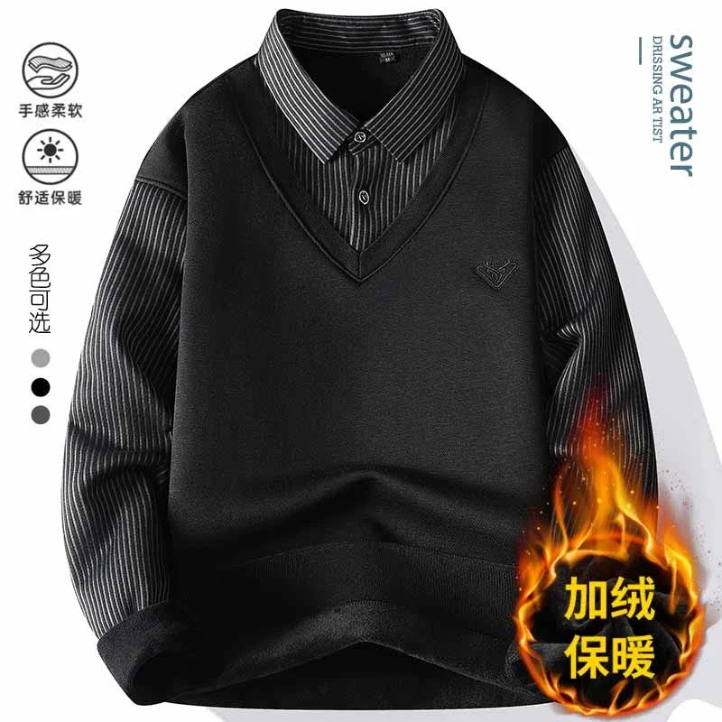 Autumn and Winter New Collection with Fleece Fake Two Piece Long Sleeved Polo Shirt for Men Fashionable and Casual Versatile Top
