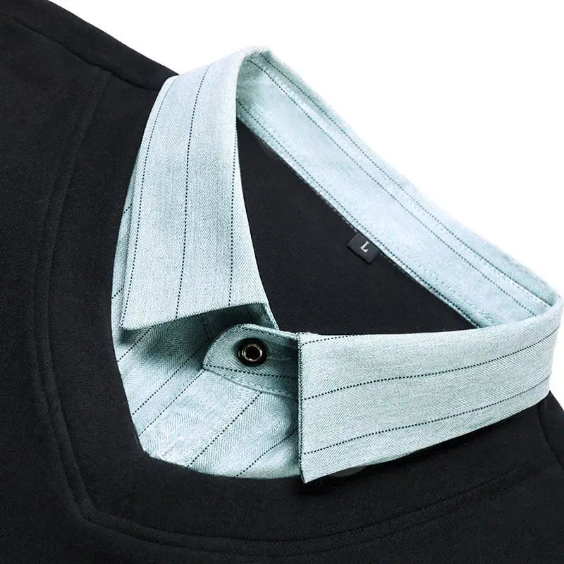 Fake Two Pieces Men Polo Shirts Turn-down Collar Striped Patchwork Business Casual Thermal Long Sleeve Comfortable Knitted Tops