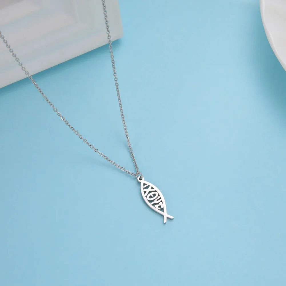 LIKGREAT Christian Jesus Fish Pendant Necklace for Women Stainless Steel Ichthys Faith Pray Choker Jewelry Valentine's Day Gifts
