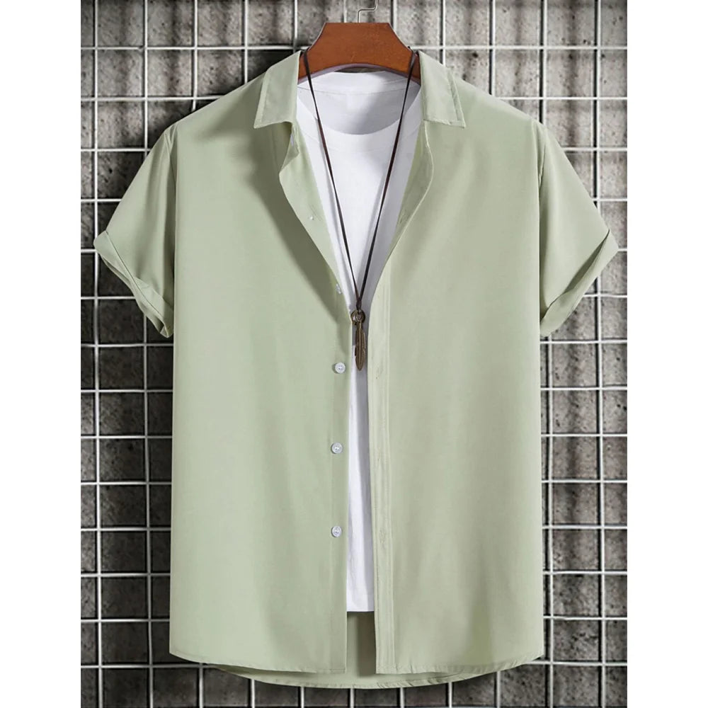 Men's 3D printed simple solid color Hawaiian shirt, short sleeved men's casual shirt, beach party clothing, summer fashion Tops