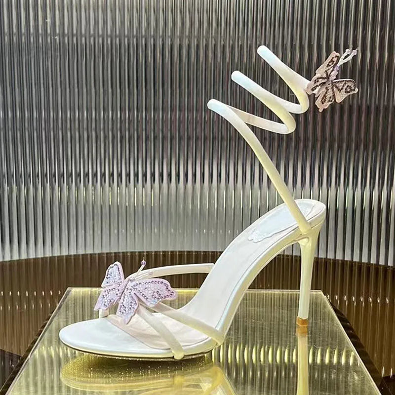 Summer High Heels Sandals Woman Butterfly-knot Rhinestone Snake Twine Around Ankle Strap Wedding Shoes Thin Heels Sandals Women