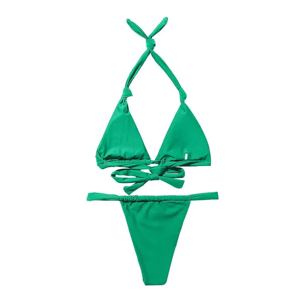 2Pcs/Set Women's Swimsuit 2025 Solid Color Halter Bikini Set With Padded Sexy Split Design Lady Swimwear Woman Clothing