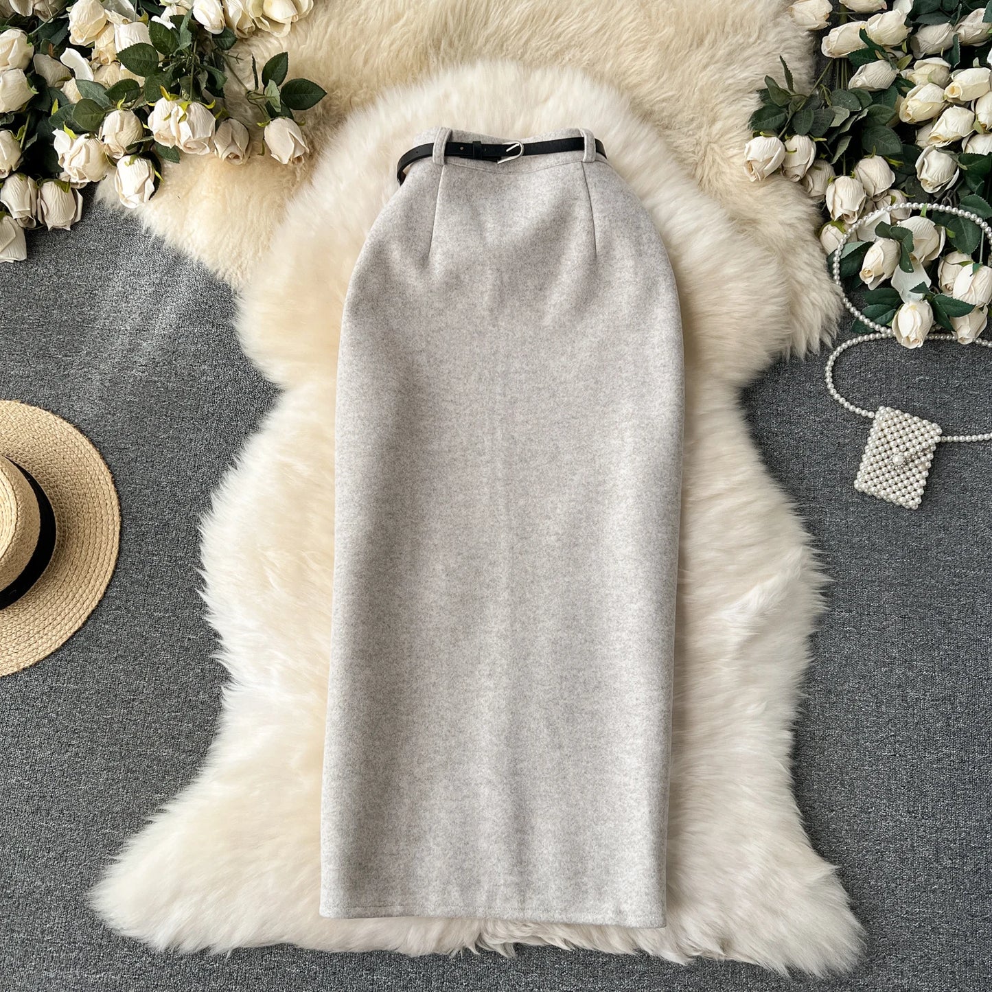 Woolen Midi Skirt Women Autumdn Winter High Waisted Elegant Pencil Skirt Female Slim Split Work Skirts