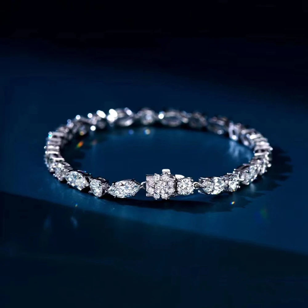 Wong Rain 100% 925 Sterling Silver Round Marquise Cut Simulated Moissanite Gemstone Luxury Bracelets Fine Jewelry Christmas Gift