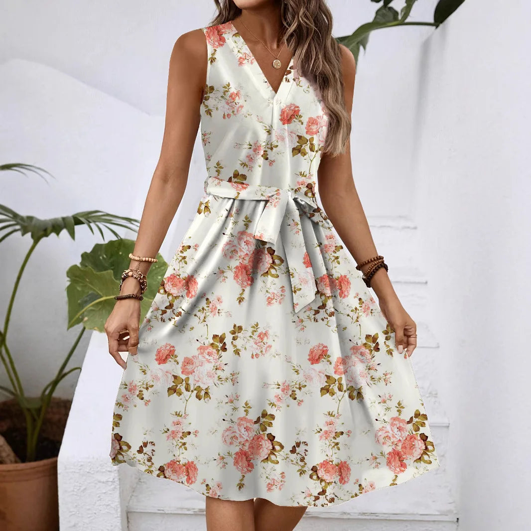 Dress Women Flower Print Dresses Sleeveless V Neck Lace Up Tight Waist Knee Length A Line Office Lady 2025 Summer Vestidos