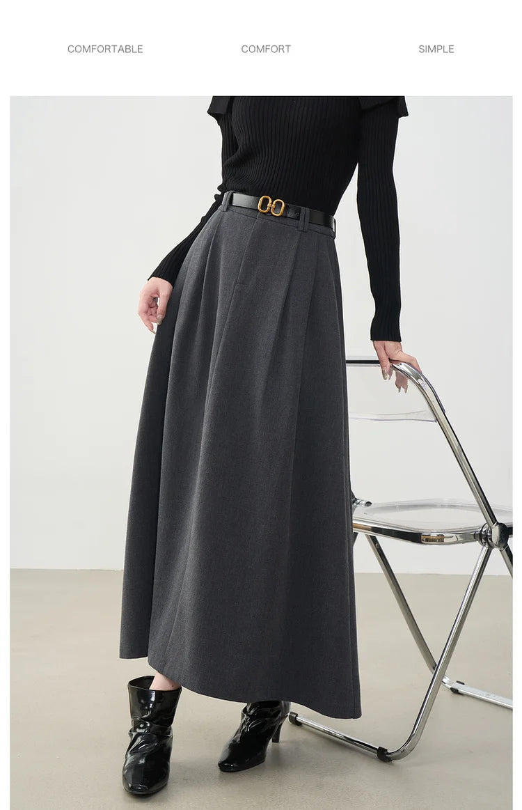 VIMLY Midi Women Skirt 2025 Autumn Office Lady Gray A-line Bud Elegant Ladies Skirt Zipper Loose Pockets Female Skirts A2202