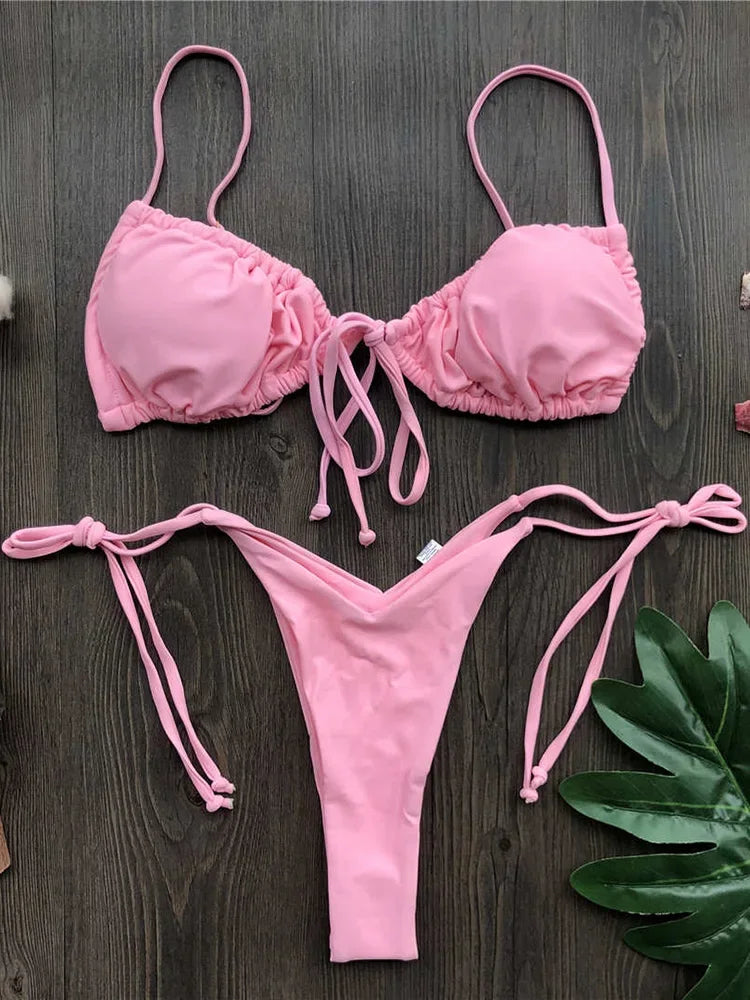 Sexy Printed Ruffled Frilled Thong Bikini Women Swimwear Female Swimsuit Two Pieces Bikini set Micro String Bathing Suit Swim