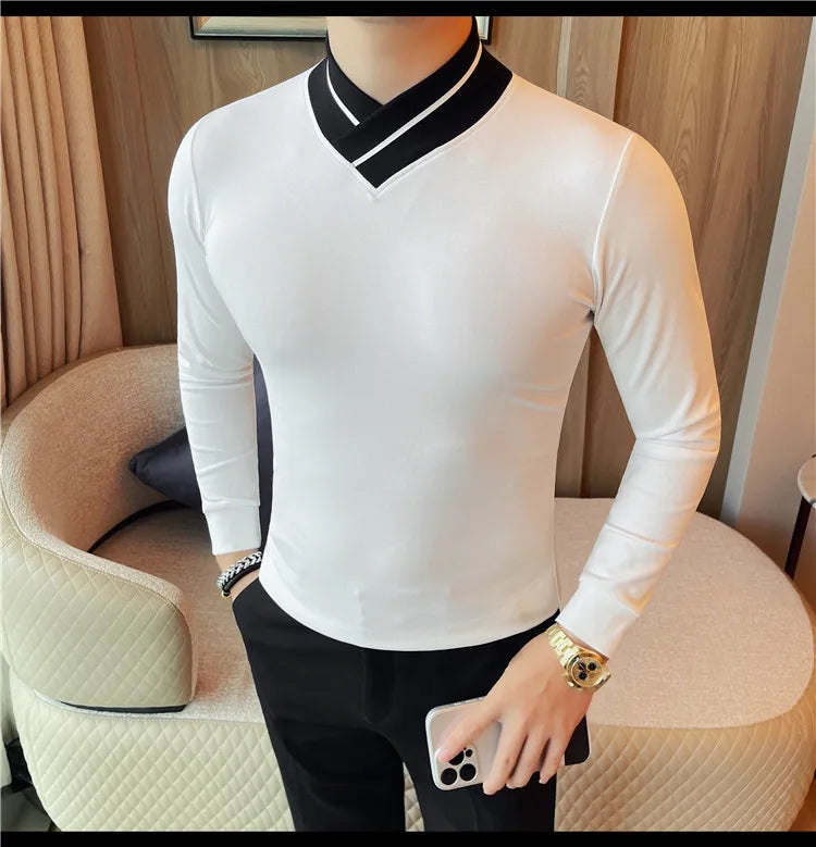 Autumn Winter Men's Mock Neck Long Sleeved T-shirt Slim Fit Elastic Solid Color Base Shirt Versatile Casual Business T-shirts