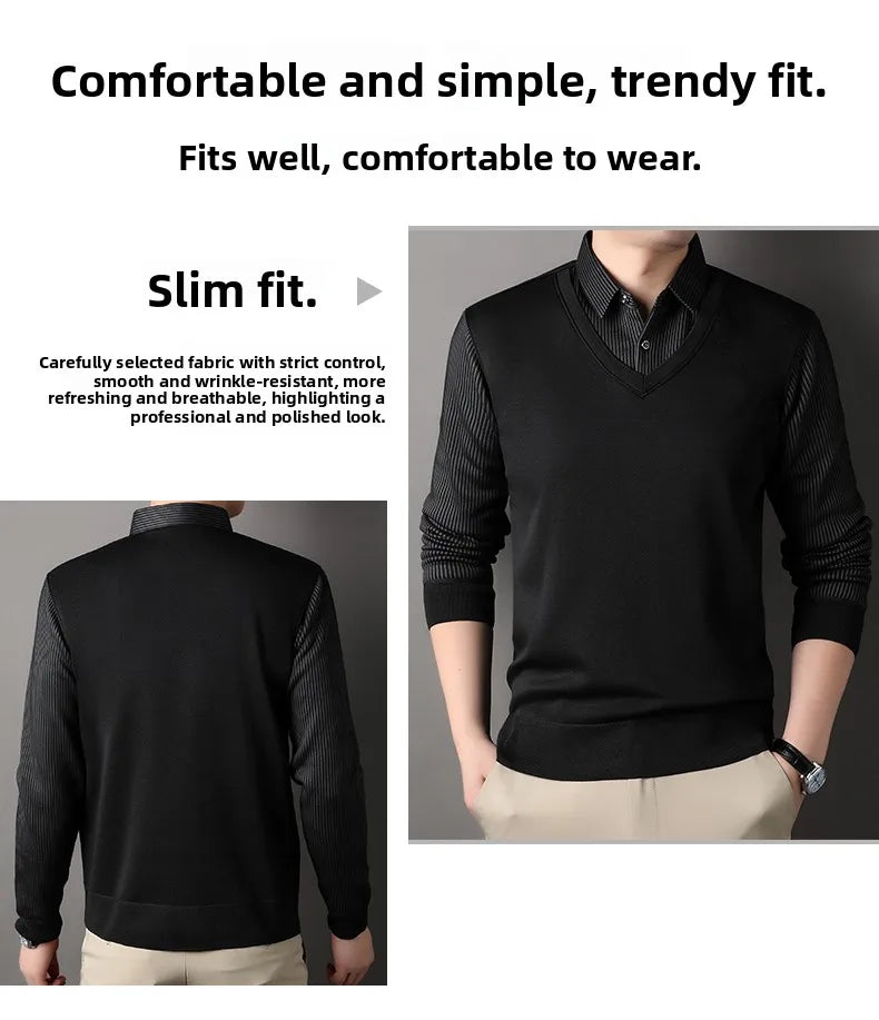 Men's Long Sve Fce Lined Knitted irt Busin Casual Sle Winter Warm Top Fake Two-Piece Design Comfortable Fit