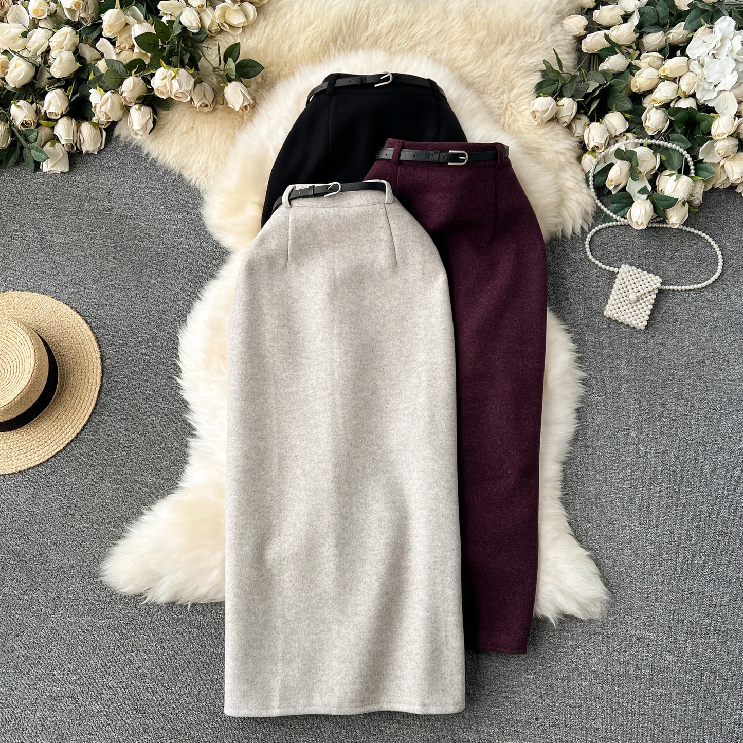 Woolen Midi Skirt Women Autumdn Winter High Waisted Elegant Pencil Skirt Female Slim Split Work Skirts