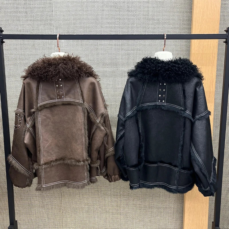 2025 New Real Fur Coat Winter Jacket Women Natural Rabbit Fur Lambswool Collar Luxury Outwear Loose Thick Warm Female Coat