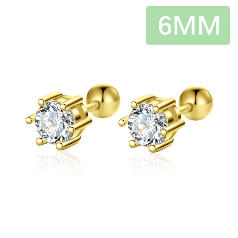 TrustDavis Real 925 Sterling Silver Six Claw Zircon CZ Screw Stud Earrings for Daughter Girls Gift Fine Jewelry DS3472