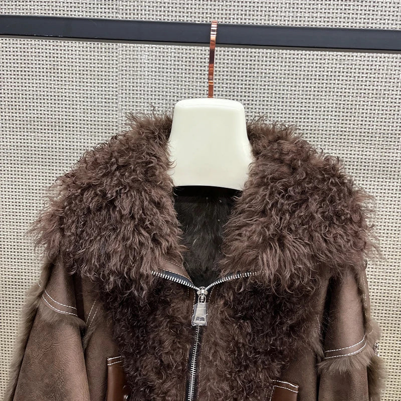 2025 New Real Fur Coat Winter Jacket Women Natural Rabbit Fur Lambswool Collar Luxury Outwear Loose Thick Warm Female Coat