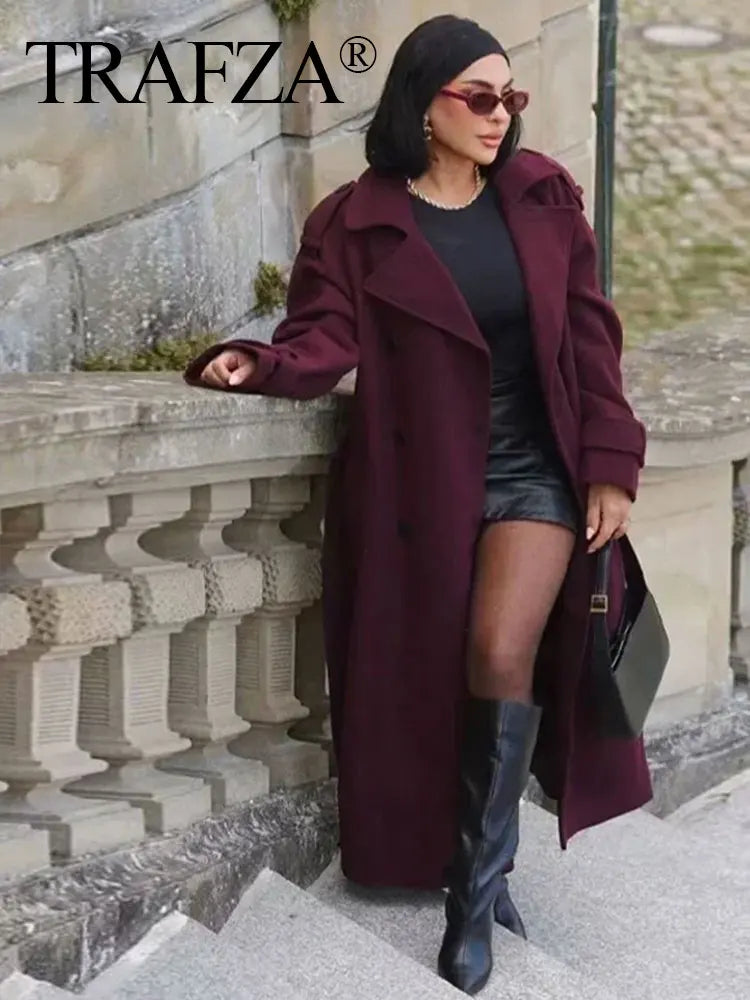 HH Women Elegant Wine Red Coat With Belt Lapel Full Sleeve Double Breasted Lady Overcoat Autumn Winter Female Outwear