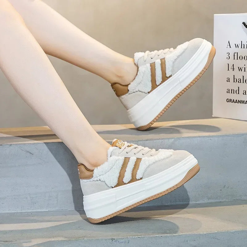 6CM Pink Natural Genuine Leather Fashion Breathable Casual Women's Shoes Platform Warm Plush Winter Autumn Comfy Ankle Booties