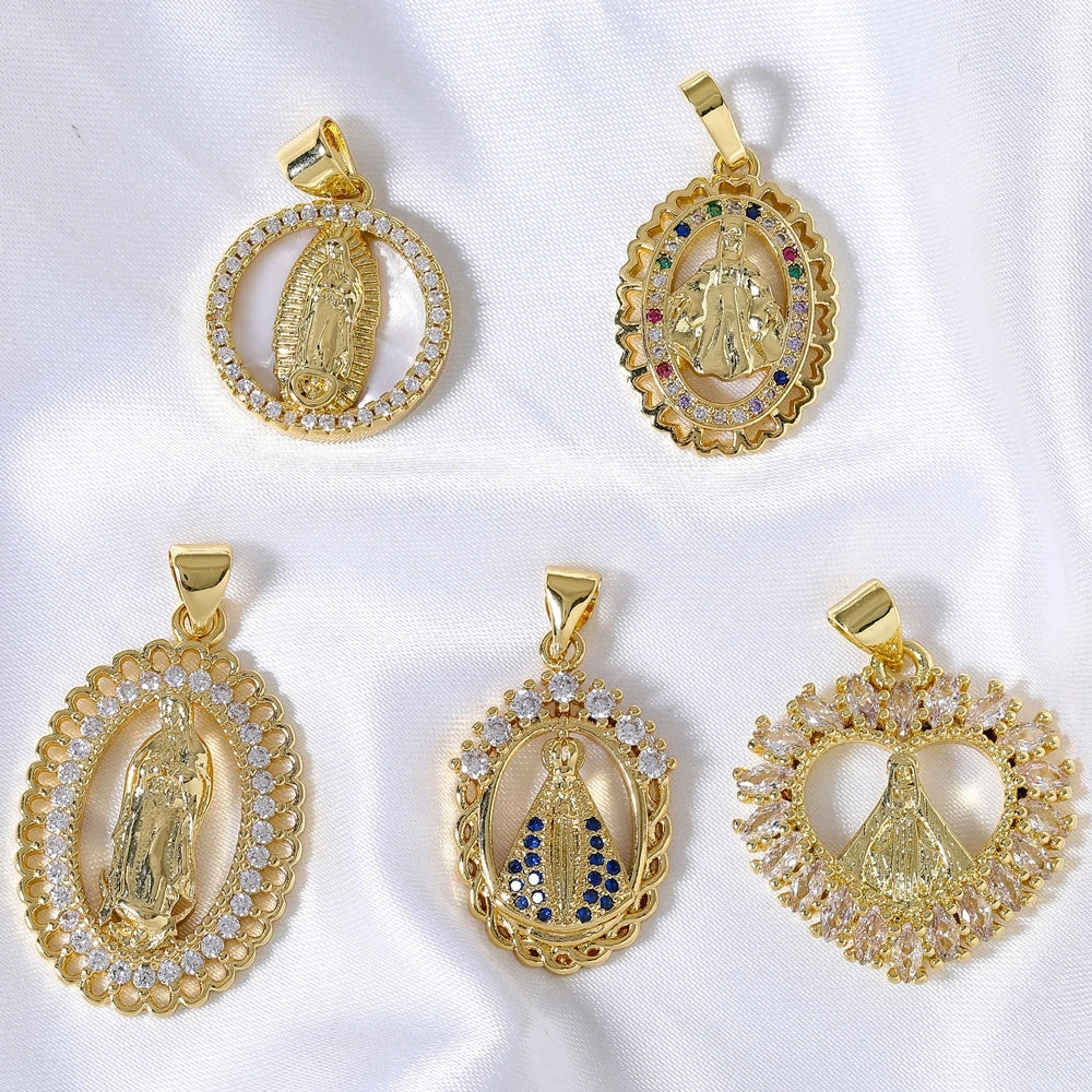 Juya 18K Real Gold Plated Religious Pendant Jewelry Making Supplies Creative Saint Mary Virgin Christian Cross Charms Supplies