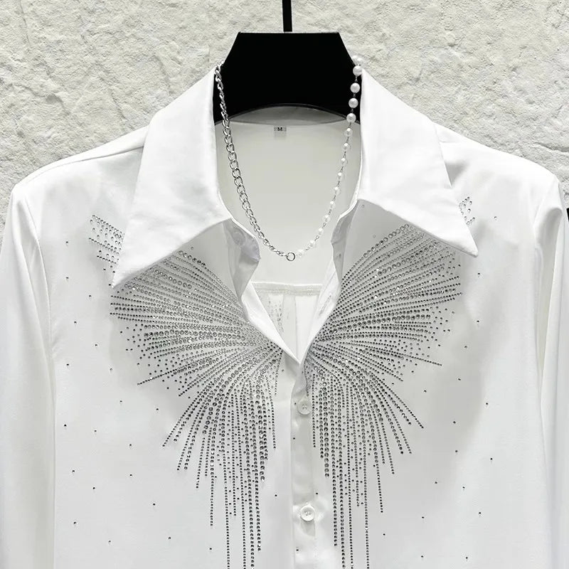 Heavy Industry Butterfly Rhinestone Shirt Men's Korean Version Shoulder Pad Versatile Casual Shirt Stage Performance Streetwear