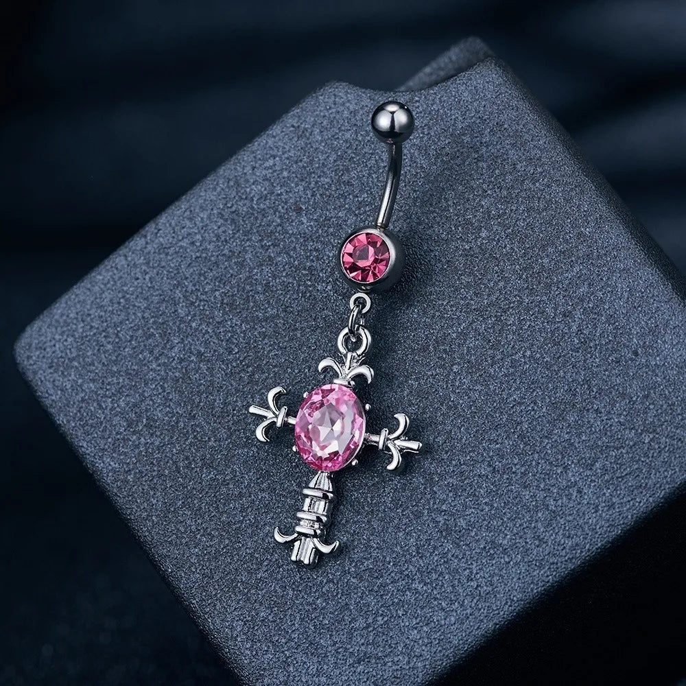New Pink Series Heart Snake Crystal Zircon Belly Button Rings Fashion Cross Butterfly Dangled Belly Piercing for Women Jewelry