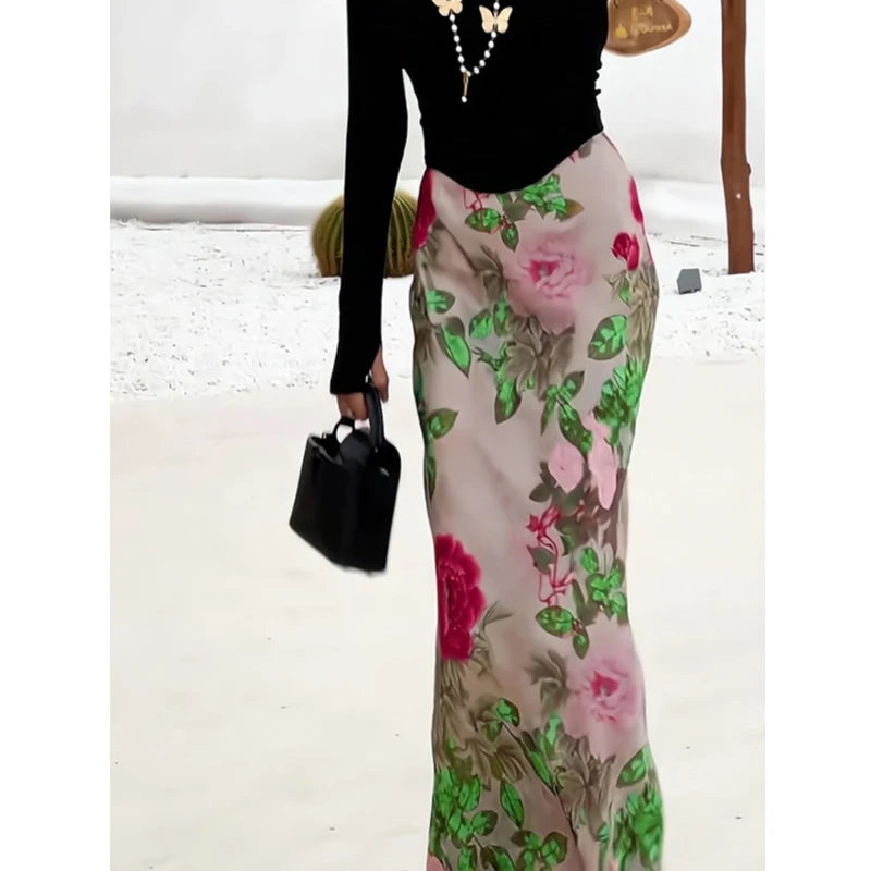 Women Clothing Stylish Vintage Satin Floral Print Luxury Chic Long Skirts Female Elegant High Waist Slim Party Maxi Skirt Faldas
