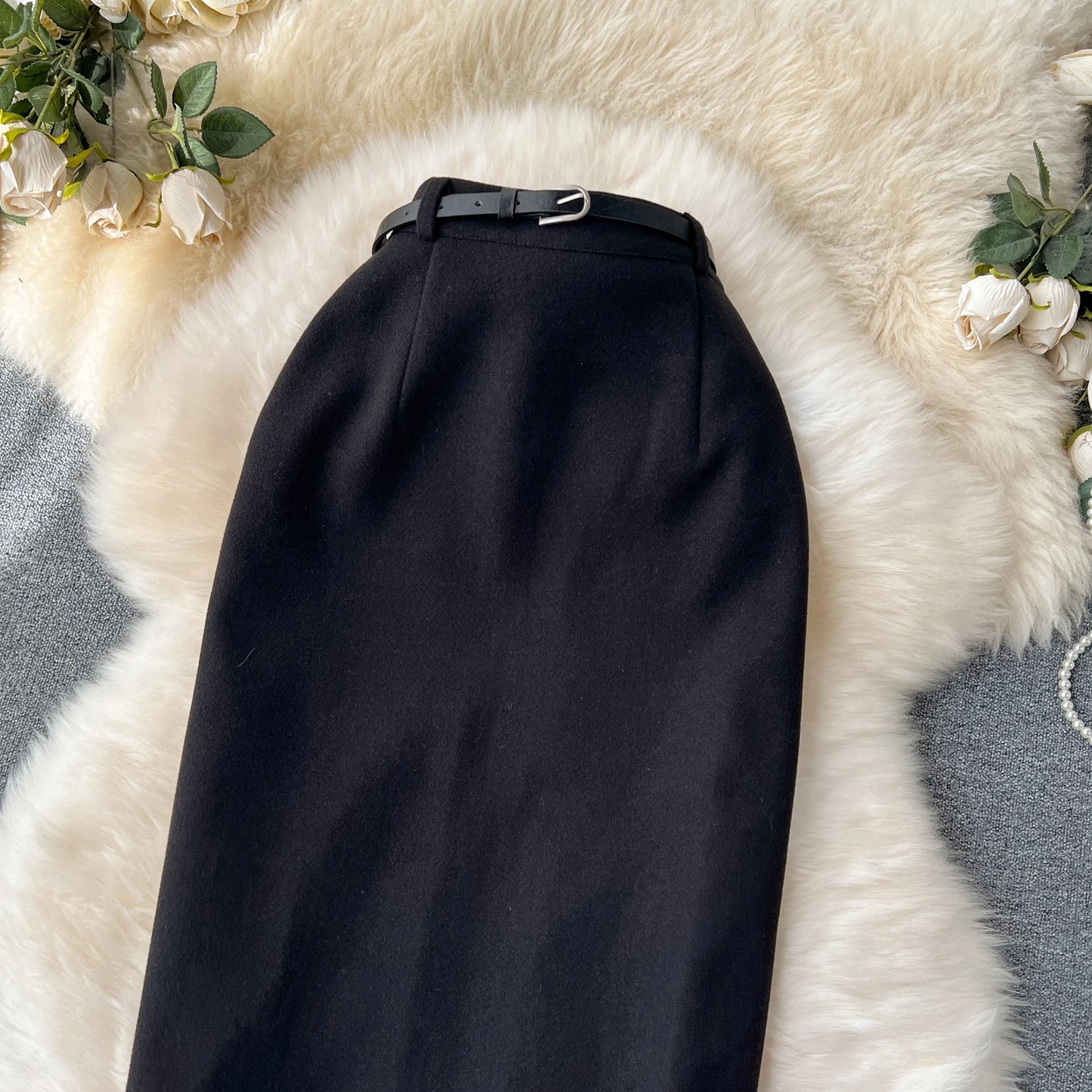 Woolen Midi Skirt Women Autumdn Winter High Waisted Elegant Pencil Skirt Female Slim Split Work Skirts