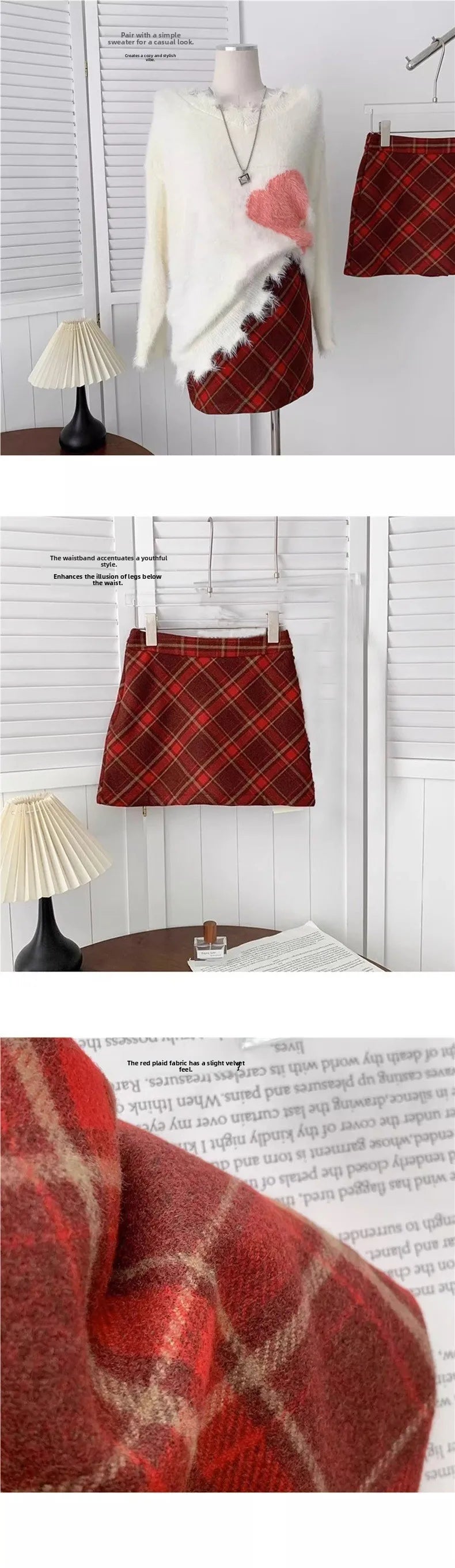 High Waist Plaid Mini Skirt Autumn Winter Woolen A- Line Skirt Short Skirt Retro Red Grids Half Body Skirt Small Size