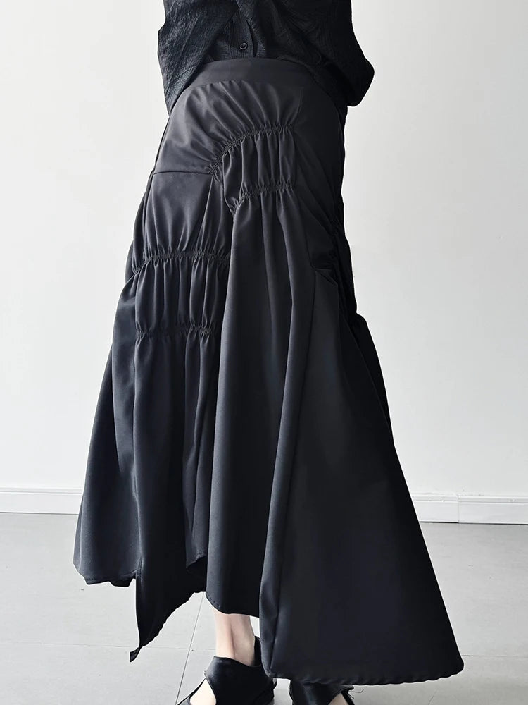 [EAM] High Elastic Waist Black Irregular Pleated Midi Elegant Half-body Skirt Women Fashion Tide New Spring Autumn 2025 1DJ0400