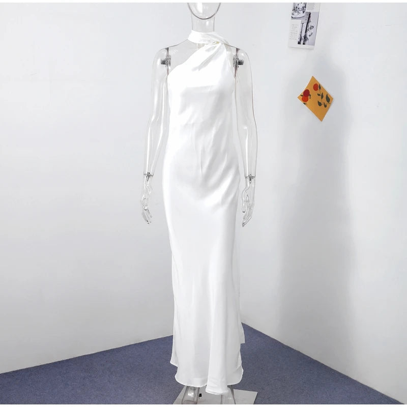 Elegant Ribbon Halter Dress Women Solid Off Shoulder Sleeveless Backless Slim Maxi Dresses 2025 Summer Autumn Party Robes Lady