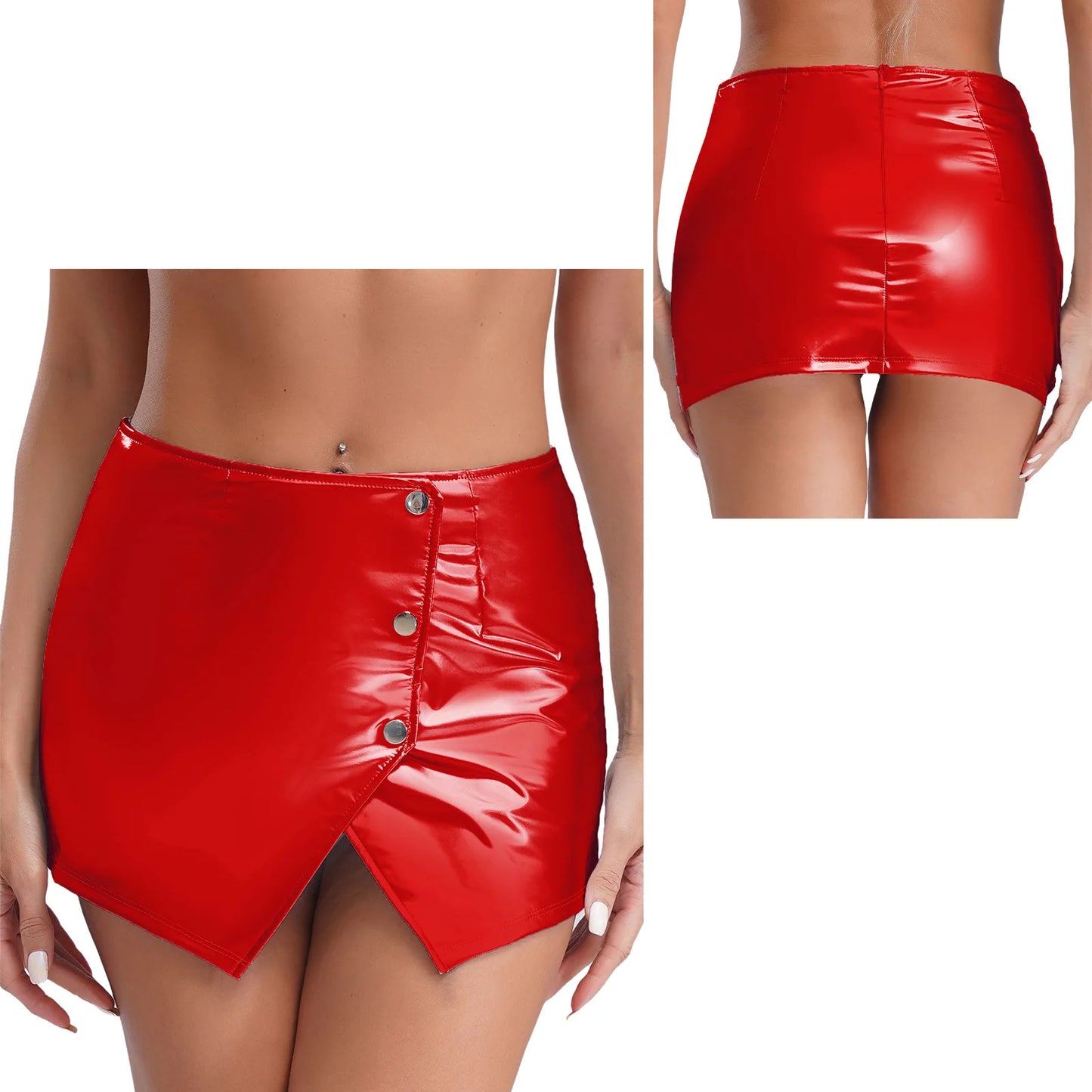 Womens Metallic Sexy Front Split Latex Mini Skirt Shiny Short Skirt Bar Clubwear Holographic Buttons Back Zipper Club Skirts