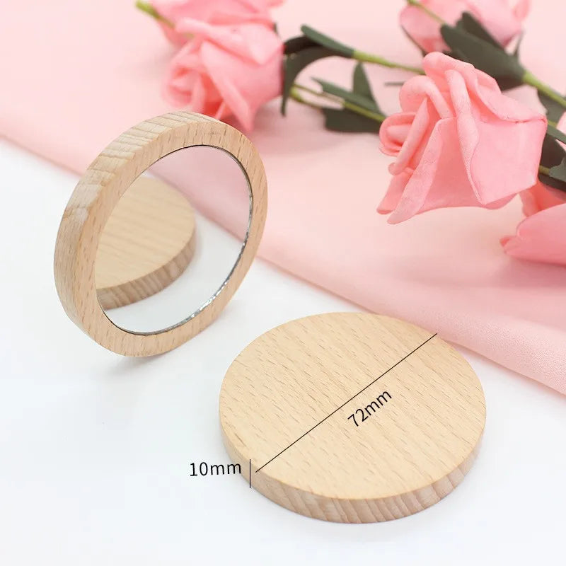 7.2*7.2cm Pure Wood Makeup Mirror Functional Wood Stylish Girls' Round Mirror Versatile Portable Mirror for Beauty Tool