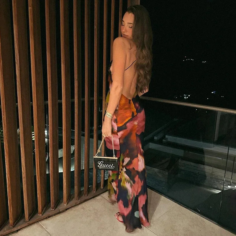 Sexy Leopard Print Lace Patchwork Maxi Dress Women Fashion V Neck Backless Long Dresses Spring Summer Female Holiday Vestidos