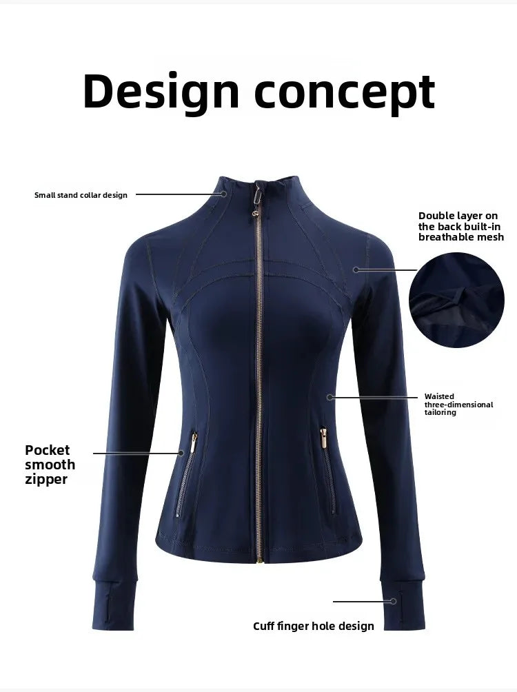 Light Blue Yoga Wear Women's Thin Outerwear 2025 New Shoulder Fit Waist Cinch Early Autumn Fishbone Sports Top