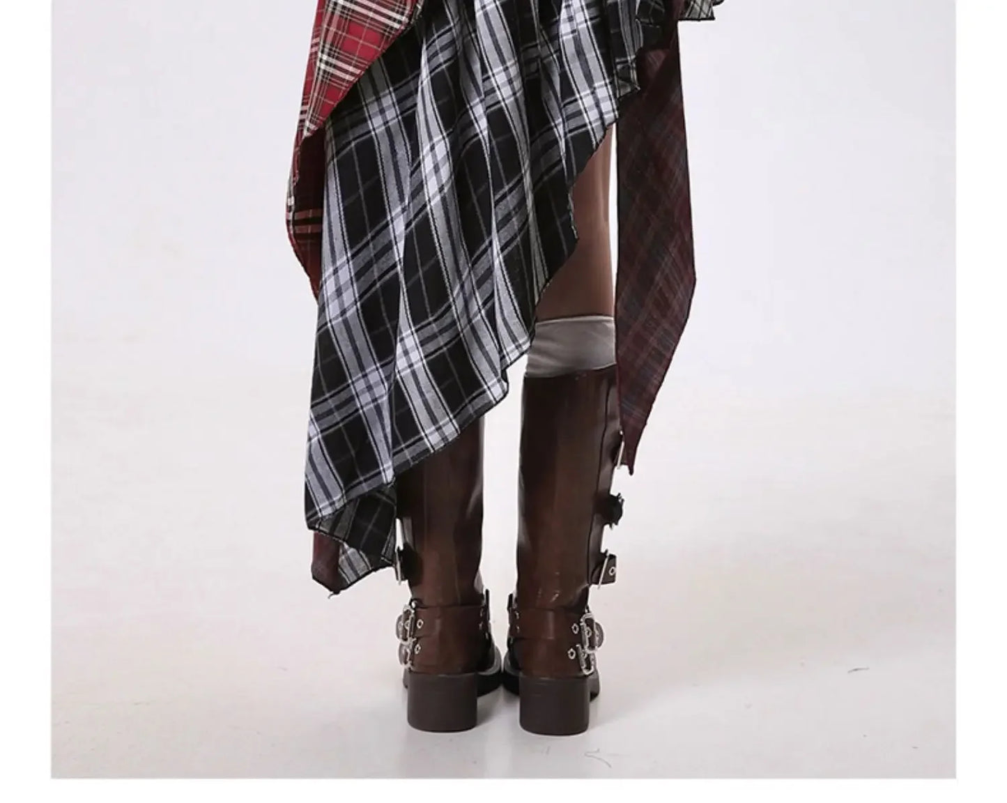 American Plaid Half Skirt Women's Spring Summer New Style Pleated Asymmetrical Color Block Short Skirt A- Line Polyester Fiber