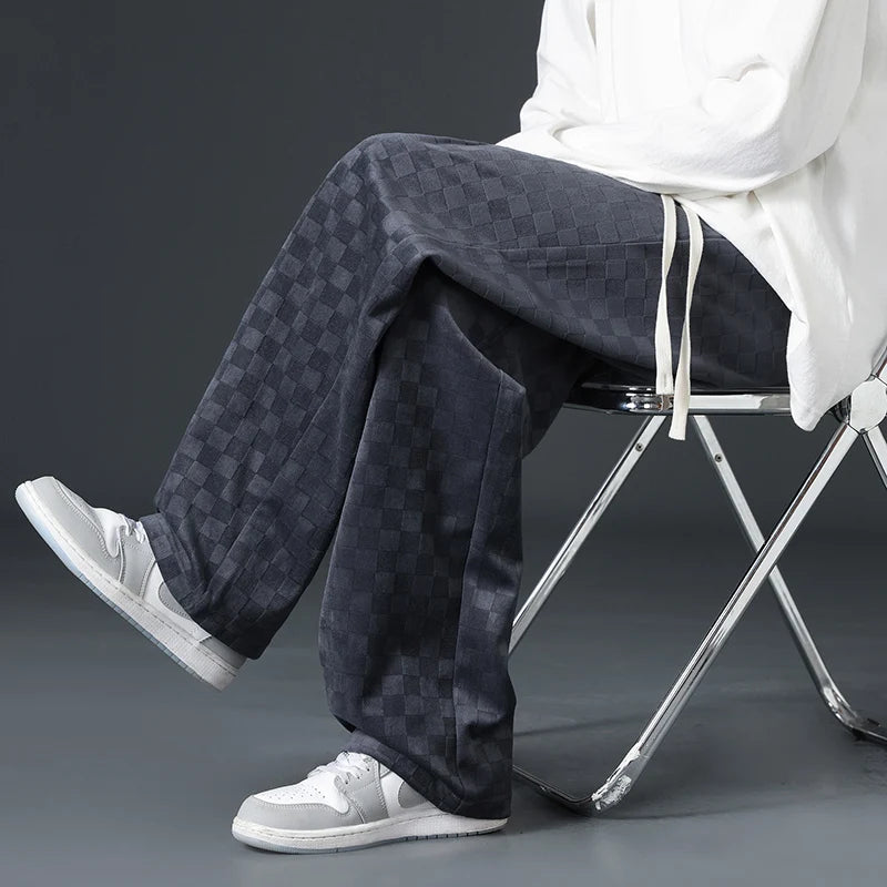 Men's Checkered Velvet Sweatpants, Loose Drawstring Trousers, Trendy Checkered Pattern, Fall and Winter Casual Streetwear