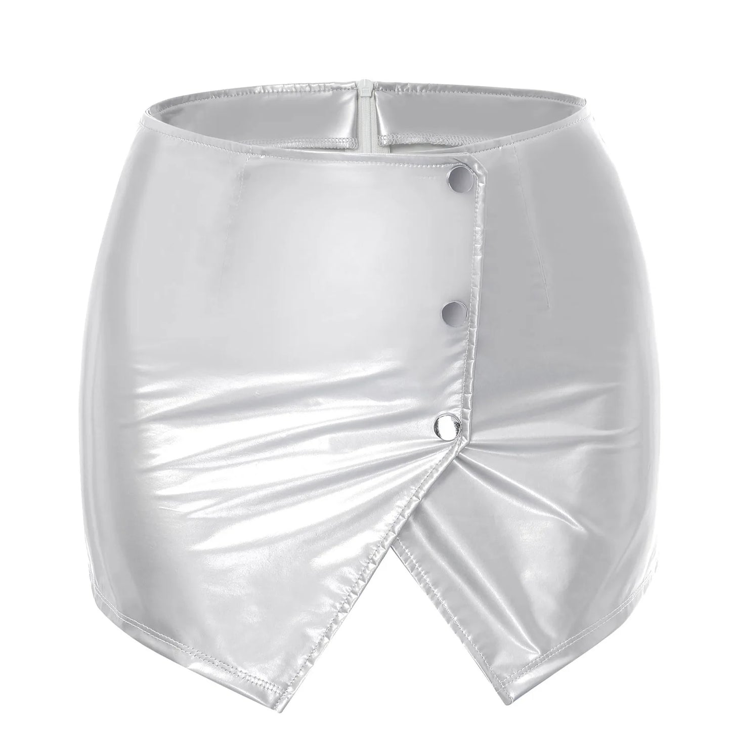 Womens Metallic Sexy Front Split Latex Mini Skirt Shiny Short Skirt Bar Clubwear Holographic Buttons Back Zipper Club Skirts