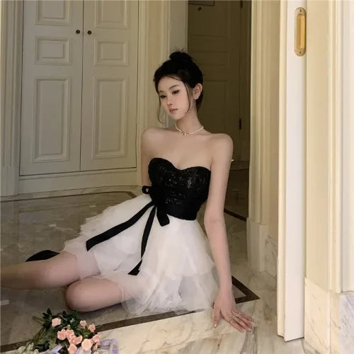 Princ Sle Sequin Patchwork Me ort Dr Women's Summer Ball Gown Dr Cake Skirt  Knot One oulder Dr