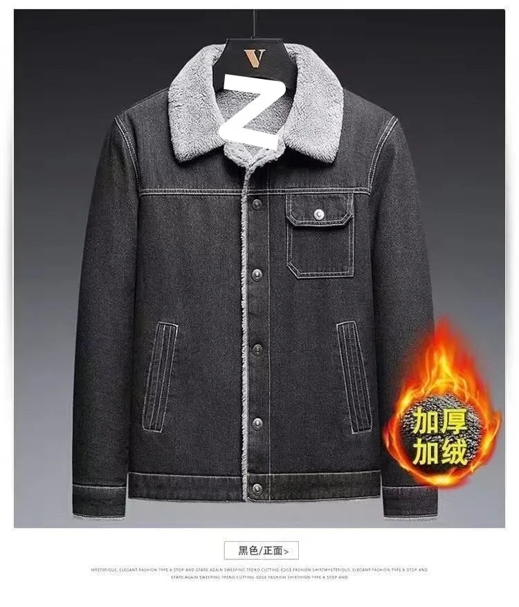 2025 Men's fleece denim jacket, autumn and winter warmth, casual, teen slim jacket