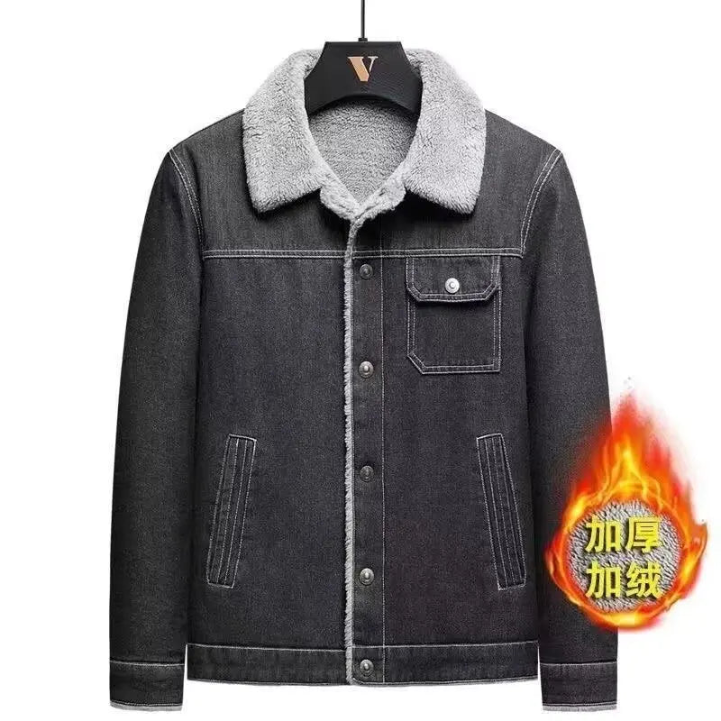 2025 Men's fleece denim jacket, autumn and winter warmth, casual, teen slim jacket