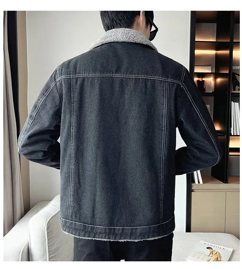 Men Denim Jacket Men Fleece Trendy Winter Velvet Coats 2025 Men Korean Slims Casual Thick Jacket Male Lamb Fur Casual Outerwear