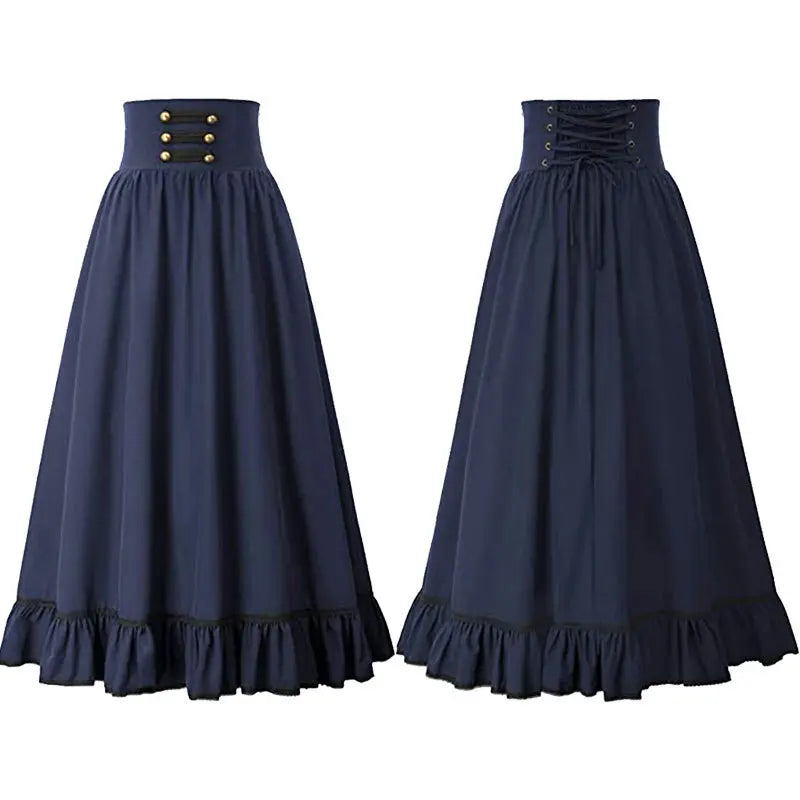 Women Maxi Skirt Medieval Intage Summer High Waist A Line Victorian Long Skirt Steampunk Gothic Ruffled Hem Pleated Party Skirts