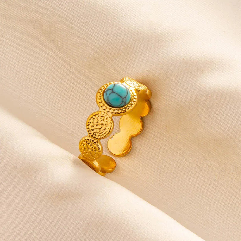Classic Retro Turquoise Finger Jewelry Stainless Steel Rings For Women Men Accessories Open Adjustable 18k Real Gold Plated Ring